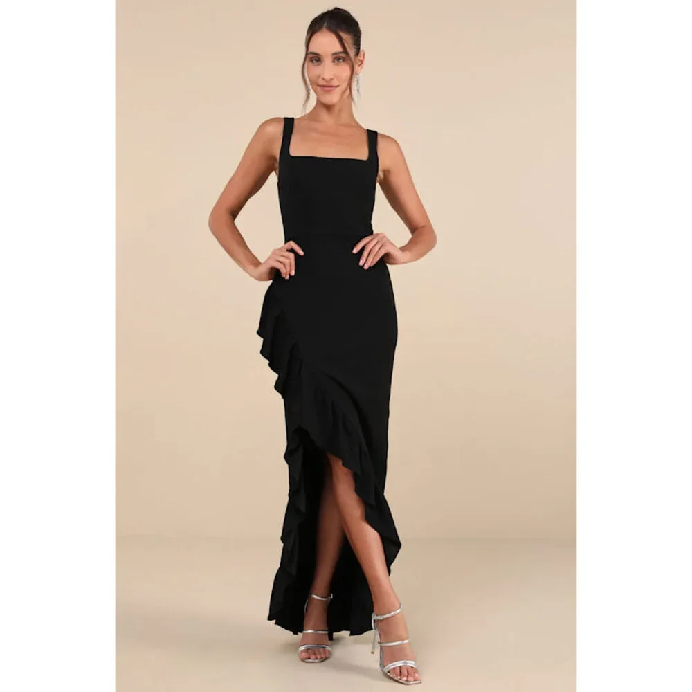 Lulus Immaculate Excellence Black Sleeveless Ruffled Tulip Maxi Dress - Size L - Picture 1 of 2